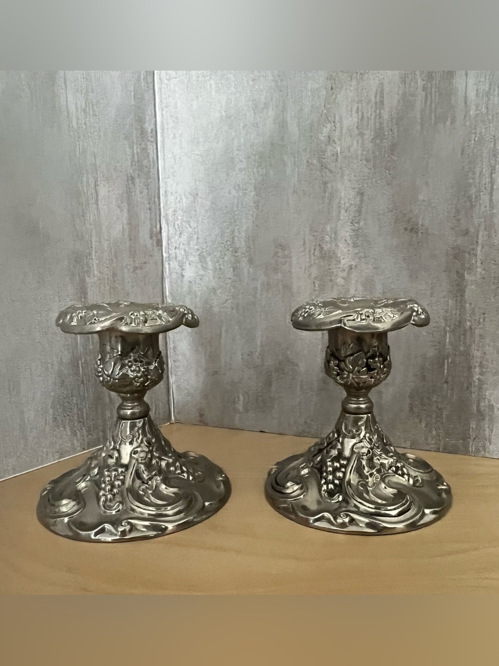 Godinger Silver Plate Ornate Vintage Candle Holder Pair Grapevine and Leaf 4"